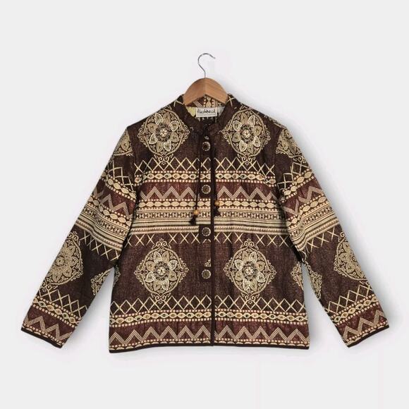 Flashback Jackets & Blazers - VTG Flashback Beaded Jacket Sz M Brown Metallic Boho Artsy Southwestern